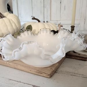 Vintage Fenton Silver Crest Milk Glass Ruffled Edge Bowl.